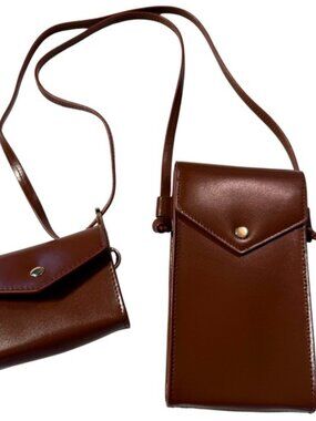 J.CREW Gracie Brown Leather Crossbody Phone & Card Case Set Minimalist Capsule